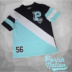 Parish Nation Mens Colorblock Graphic Varsity Chenille Patch Tee Black‎ Blue XL